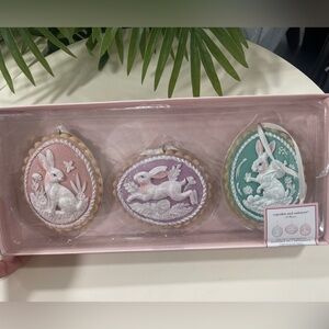 Cupcakes &Cashmere Easter Bunny Cameo Glitter Egg Ornaments Set of 3, NWT